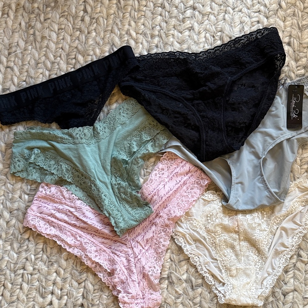 Victoria's Secret Lace Trim Panty Set - Black, Green, Pink, Cream, Gray